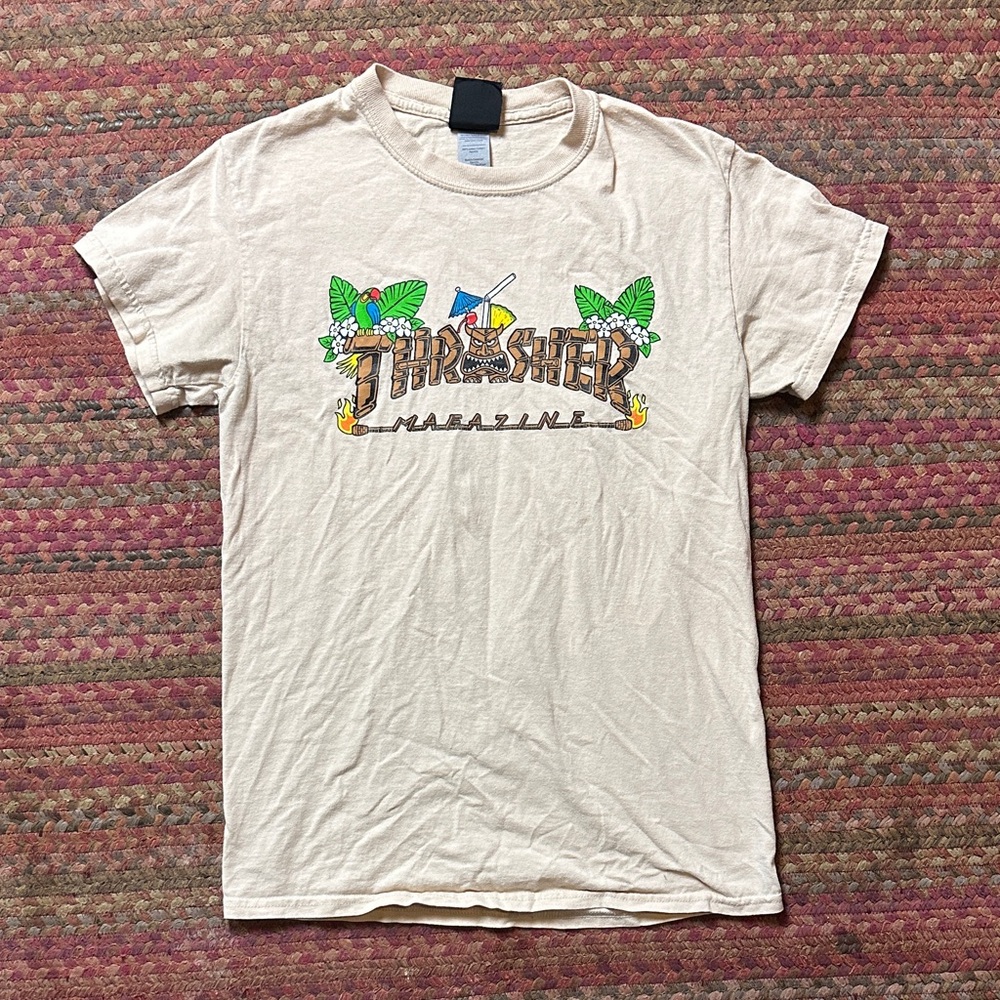 THRASHER SKATE MAGAZINE TAN TIKI GRAPHIC LOGO TEE limited